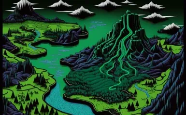 绿色图形的山，云和一条河 