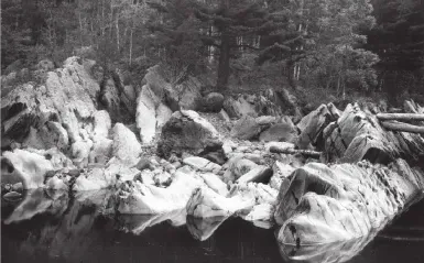 杰伊·库克州立公园水边岩石的黑白照片